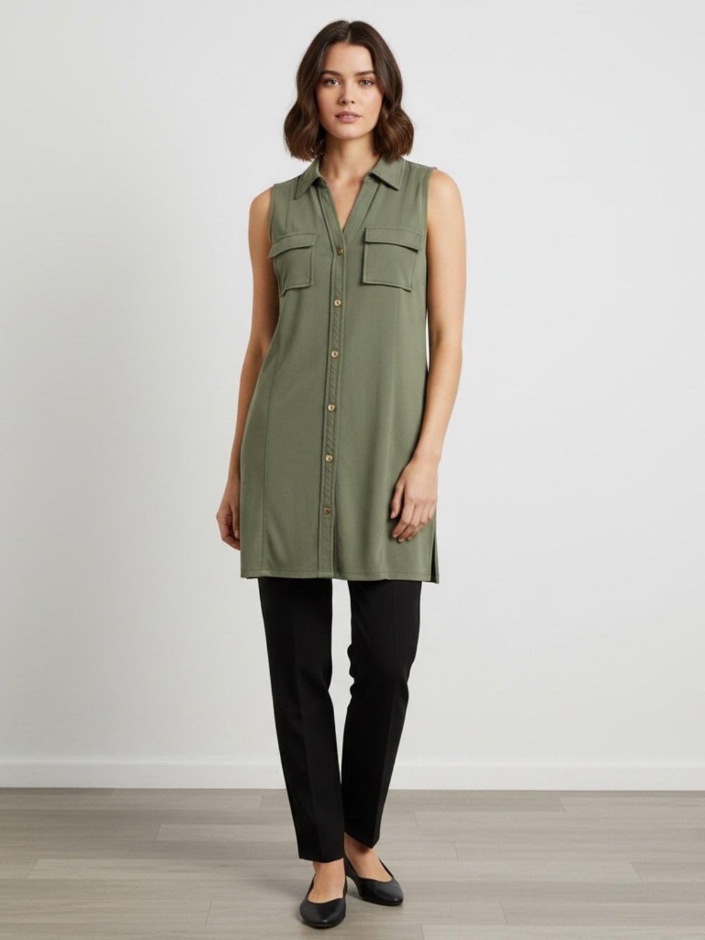 Michael Kors Olive Snap-Front Tunic Top
